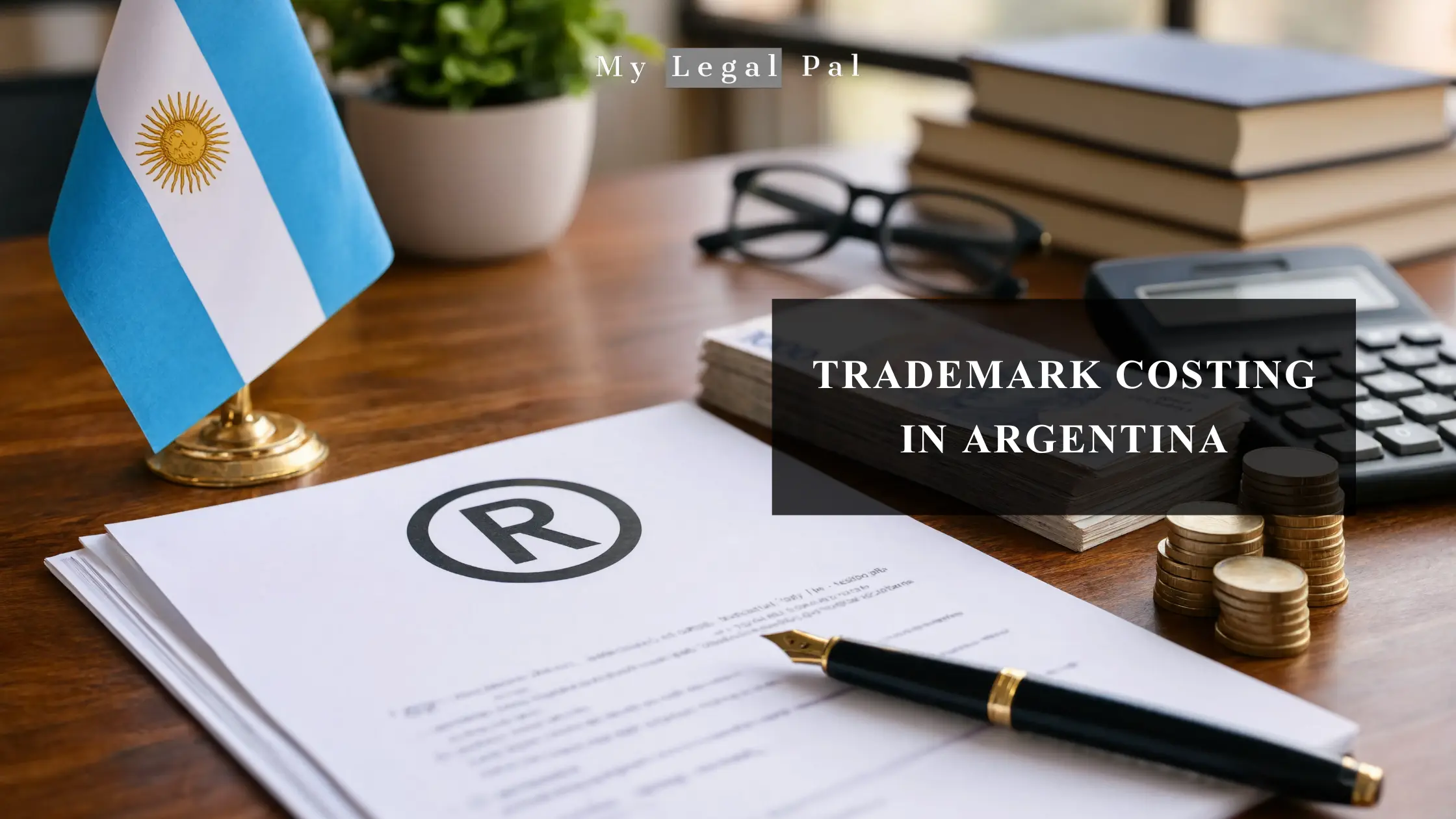 Trademark Registration Cost in Argentina: INPI Fees and What to Budget Argentine flag on a desk beside a trademark registration document marked with a registered ® symbol,