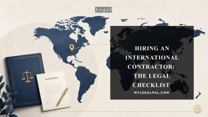 Illustration of an international contractor agreement with a world map, representing cross-border hiring