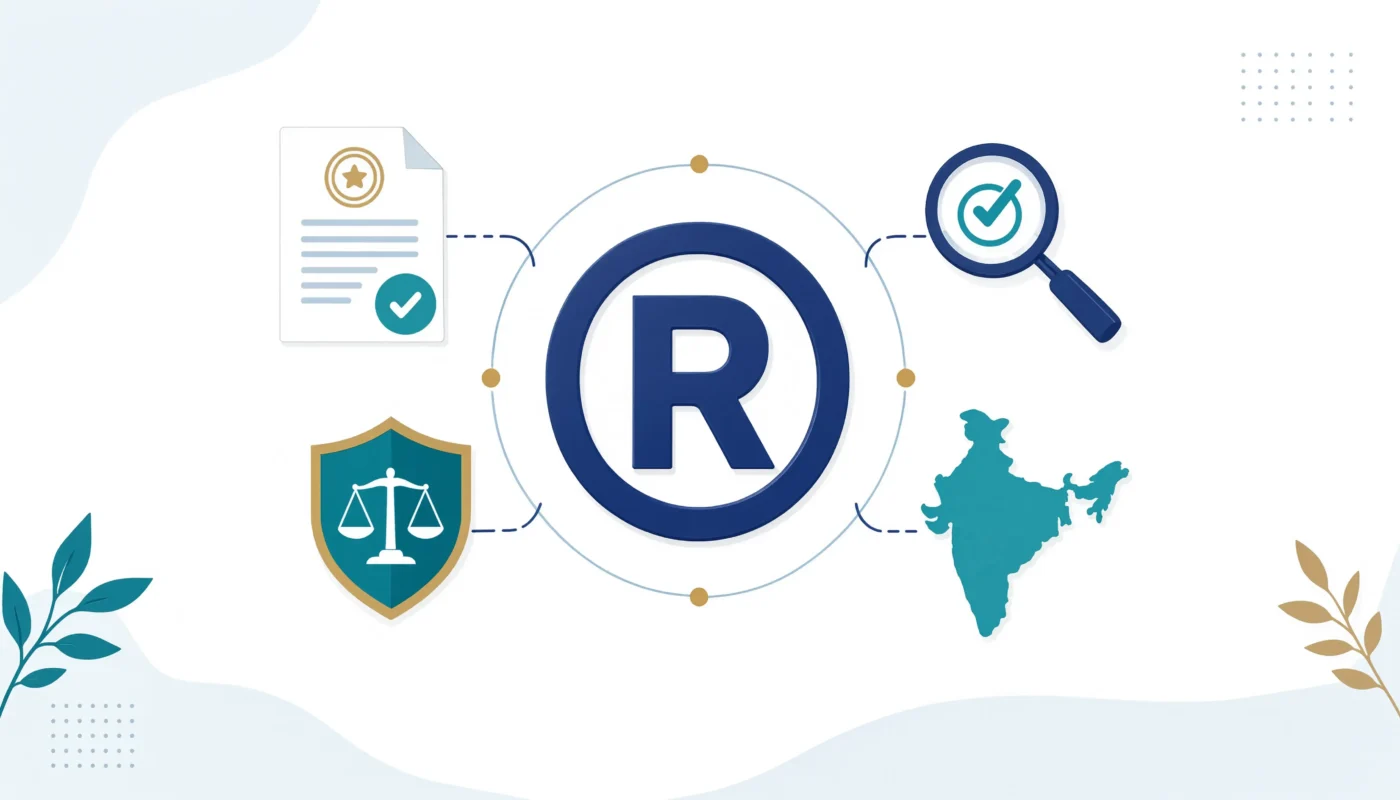 Flat vector illustration of a ® trademark symbol surrounded by document, magnifying glass, shield, and India icons. Represents the key steps to take after filing a trademark in India