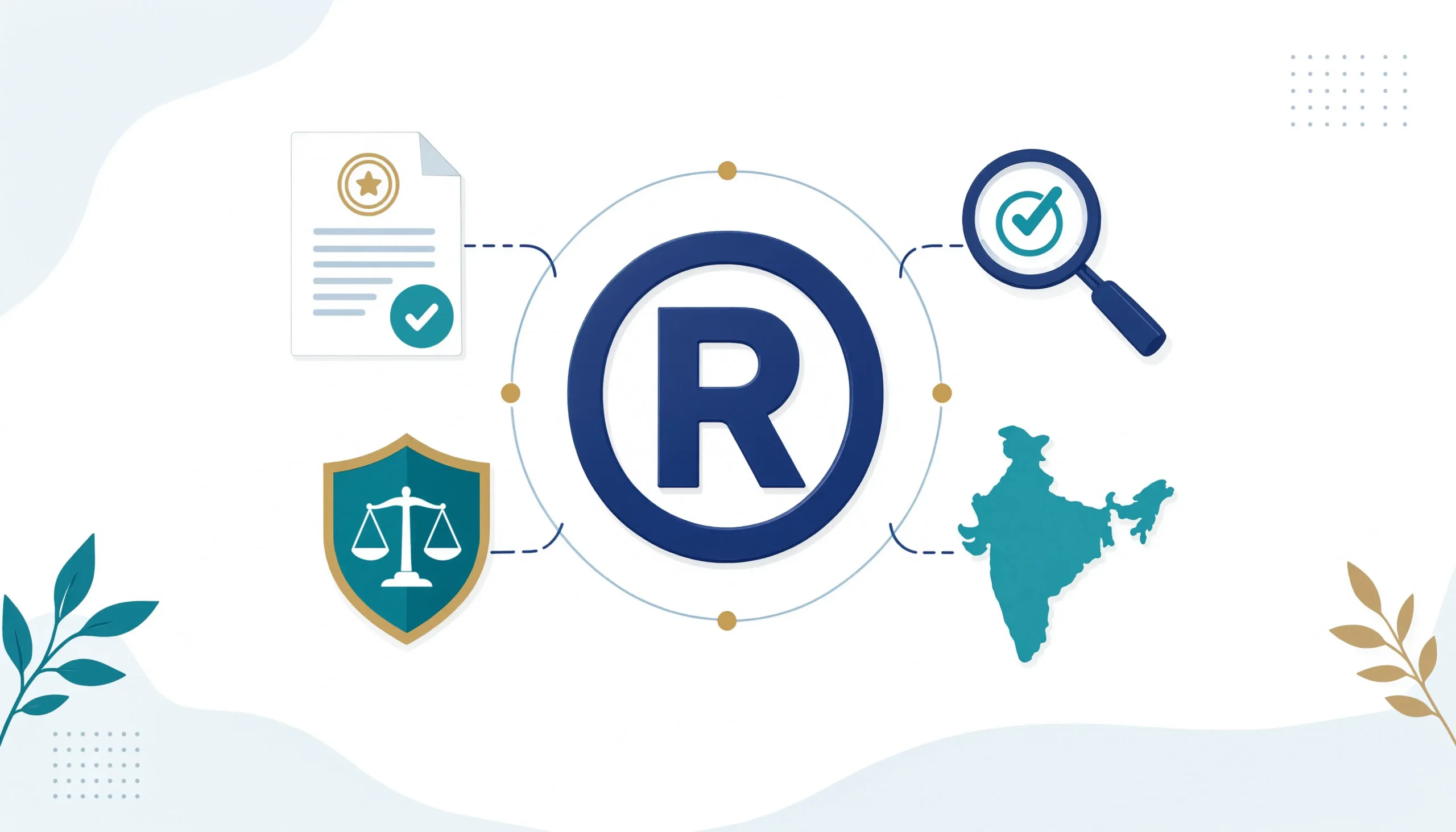 Flat vector illustration of a ® trademark symbol surrounded by document, magnifying glass, shield, and India icons. Represents the key steps to take after filing a trademark in India