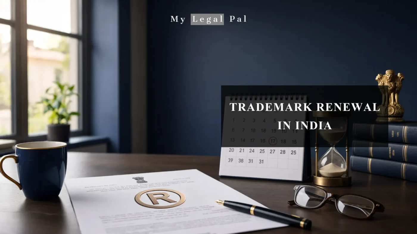 Trademark Renewal in India. legal document, a circled calendar date, and a brass hourglass to reinforce the deadline