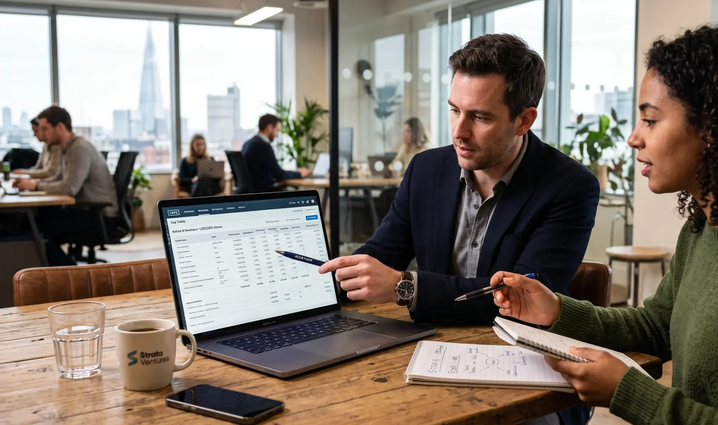 Two professionals in a modern office sitting at a wooden table, discussing a startup cap table displayed on a laptop screen.