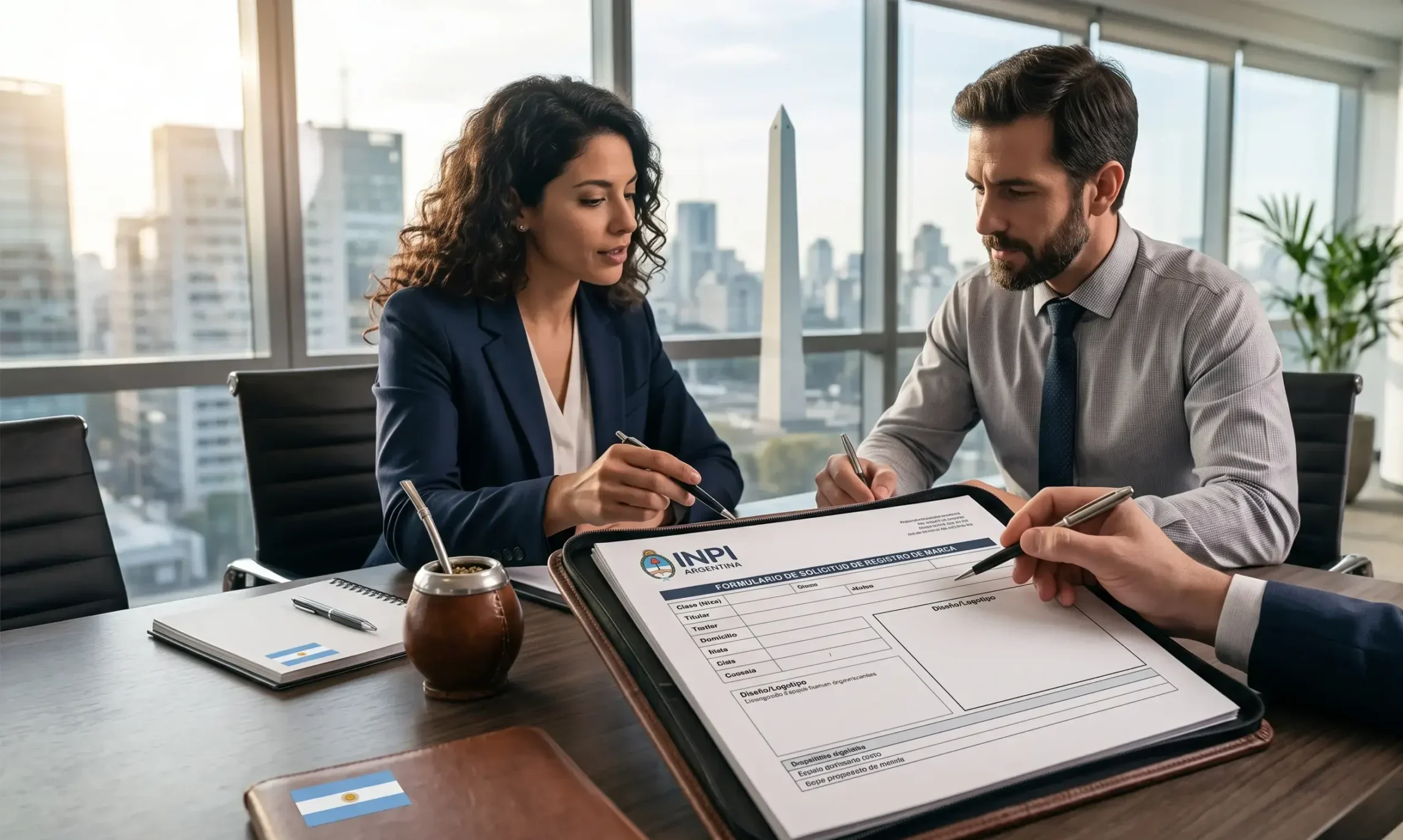 two Argentine professionals in a modern Buenos Aires office with a view of the Obelisco. They are collaborating at a table, reviewing detailed physical application forms for the INPI (Natio