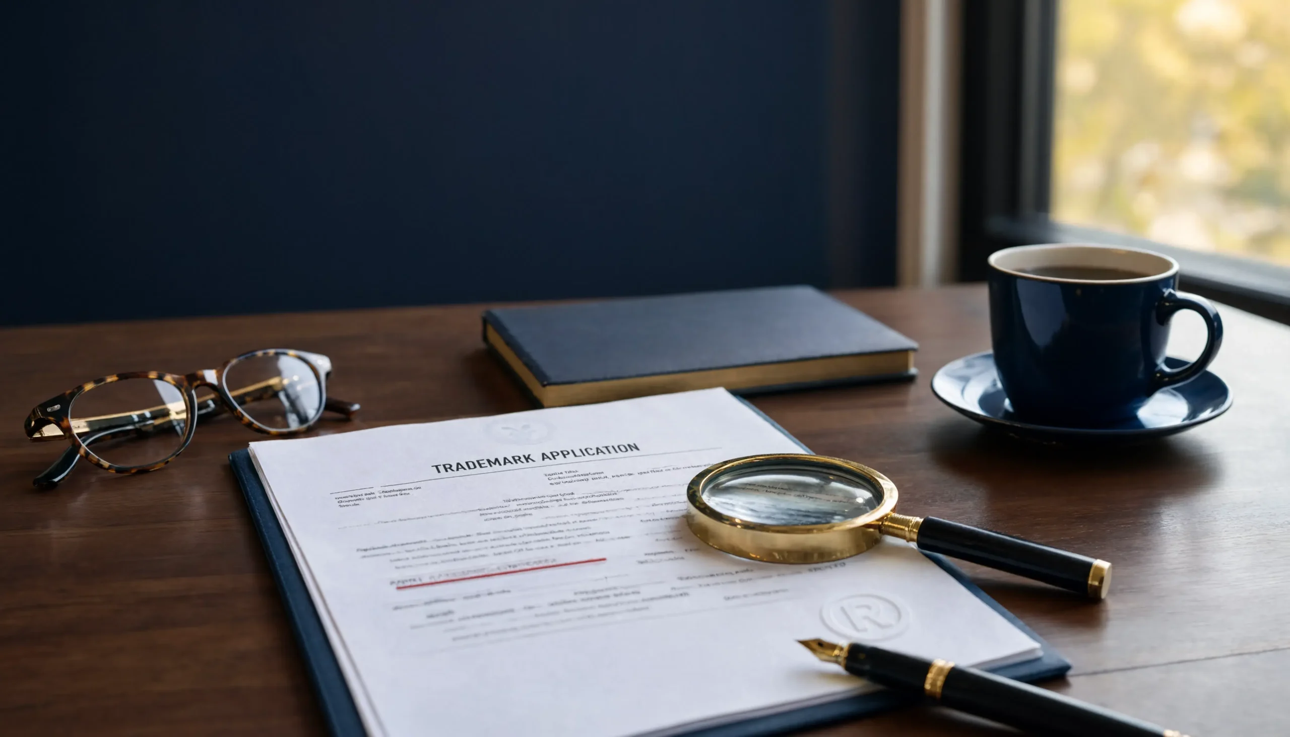 The Trademark Mistake Nobody Warns You About: Your Goods and Services Description featuring a trademark document with an ® seal and a magnifying glass